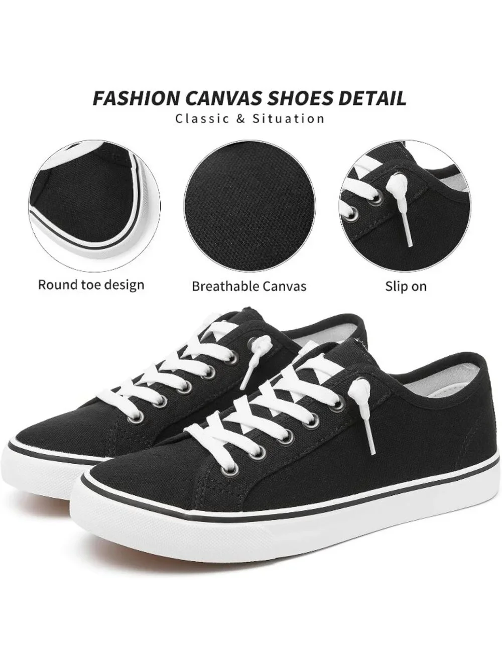 Women's Black Low Top Lace Up Canvas Solid Slip On Casual Loafer Sneaker Shoes